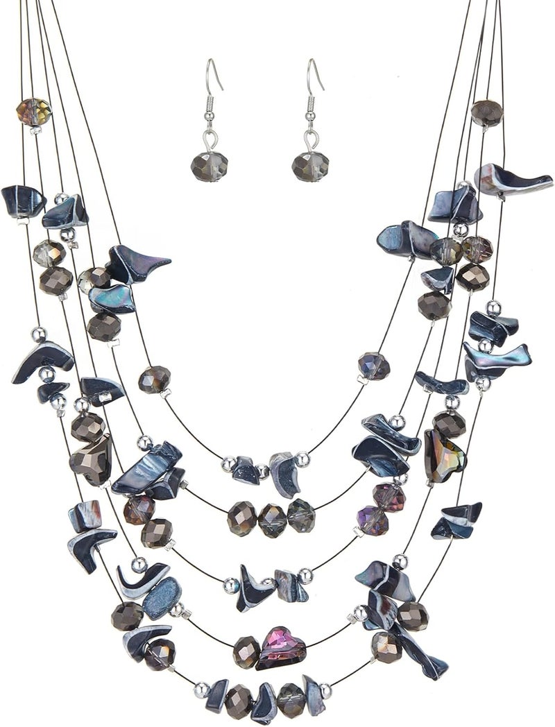 Errally Store Multi-Layer Boho Shell Beaded Necklace for Women Colorful Crystal Strand with Silver Beads Statement Collars Necklace and Earrings Costumes Jewelry Sets for Women - Image 1